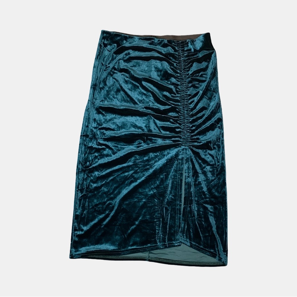 Laundry Vintage Thin Velvet Ruched midi Skirt in Dark Teal stretchy poetcore